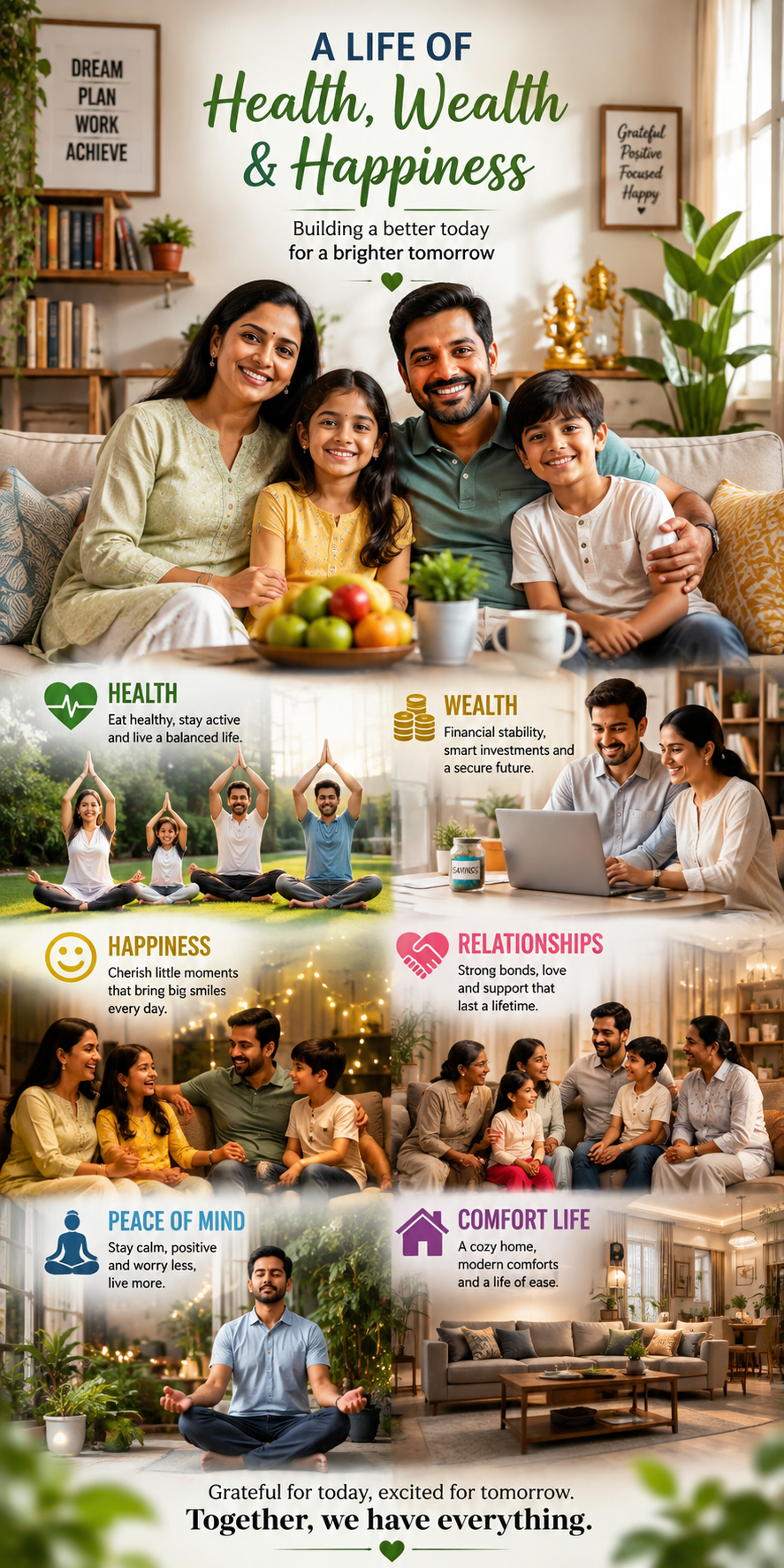 Happy prosperous Indian middle-class family enjoying health, wealth, happiness, strong relationships, peace of mind and a comfortable life